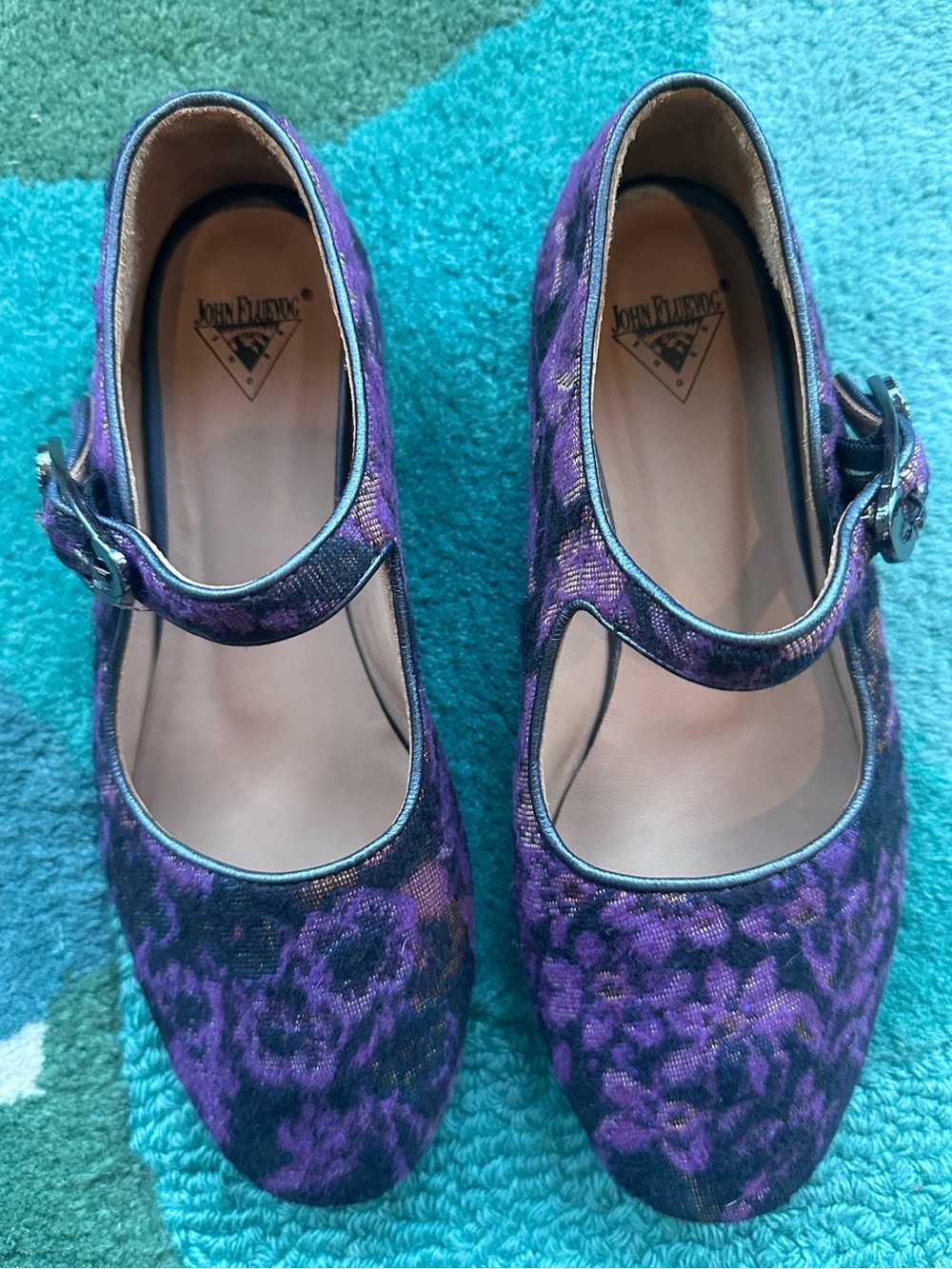SOLD!! Fluevog Softly Pirouette purple floral wool silver buckle MJ flat- 7 - Picture 6 of 16